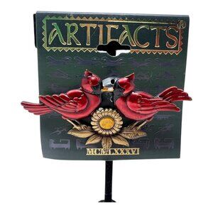 Artifacts JJ Kissing Robins Over Daisy Flower Red Birds Brooch Pin NEW